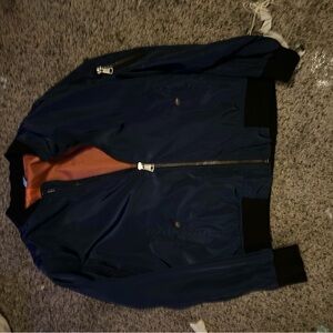 Navy Blue Bomber Jacket with Orange Lining